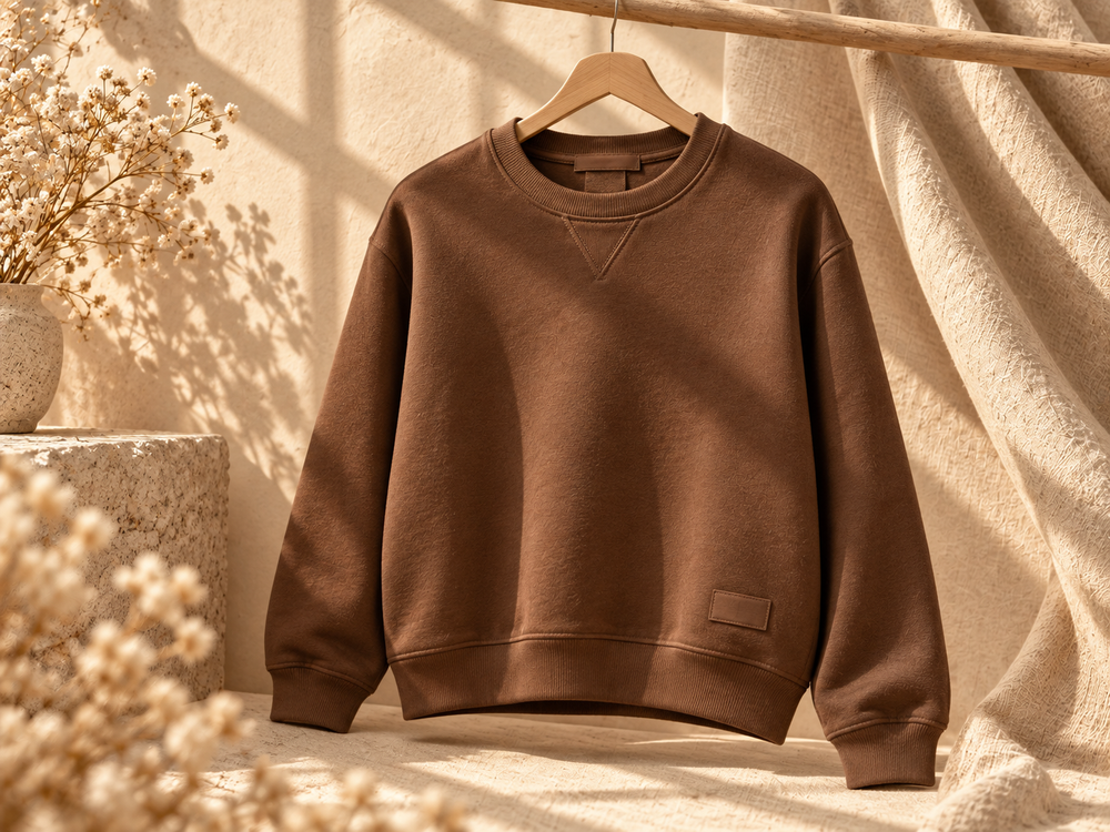 Chestnut crewneck in a warm cream sunlit Lumiera still life