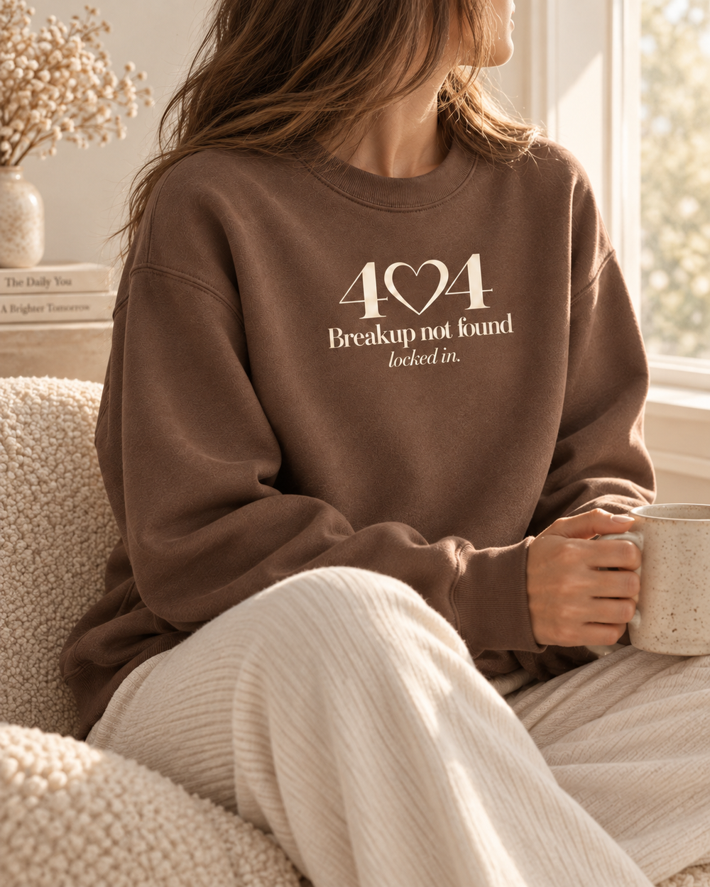 Faceless model wearing the chestnut Lumiera 404 crewneck by a sunlit window