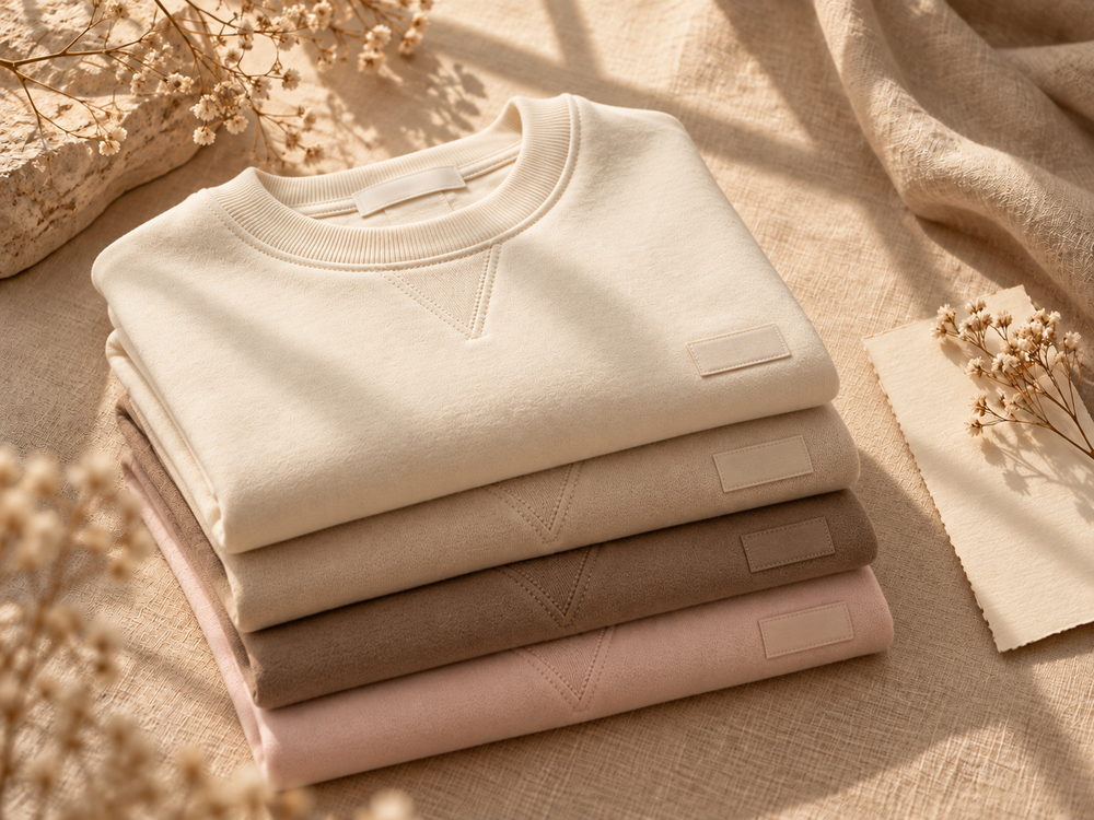 Warm neutral stack of premium crewneck sweatshirts in natural sunlight