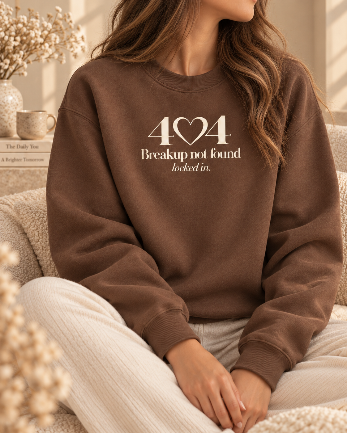 Faceless model wearing the chestnut 404 Breakup Not Found Lumiera crewneck