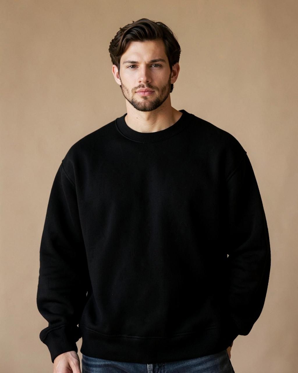 Model wearing the black Closer Than Yesterday crewneck